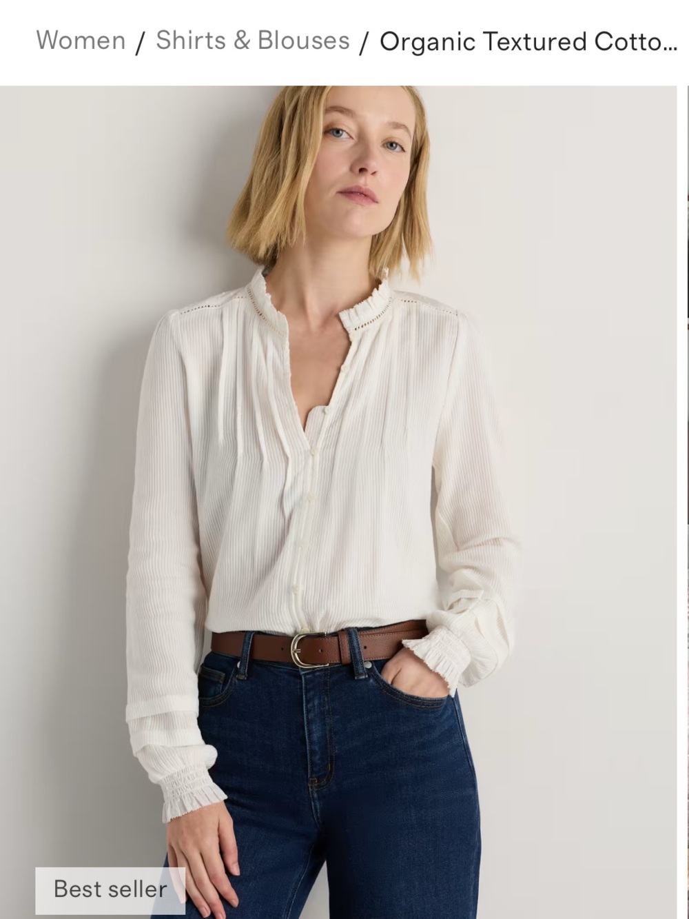 Quince Cream Textured Cotton Pintuck Blouse